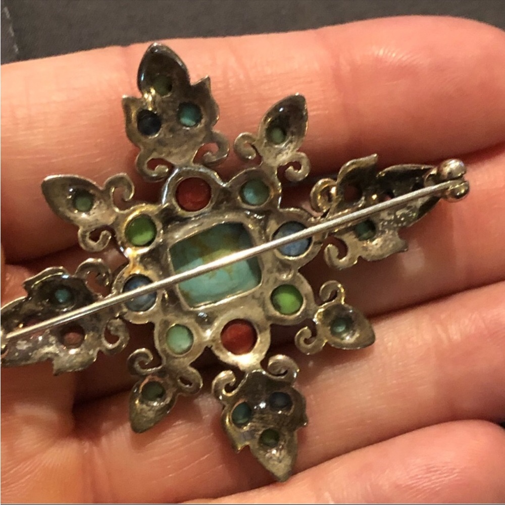 Sterling Silver Turquoise, Coral, Gaspeite Pin - Picture 2 of 4